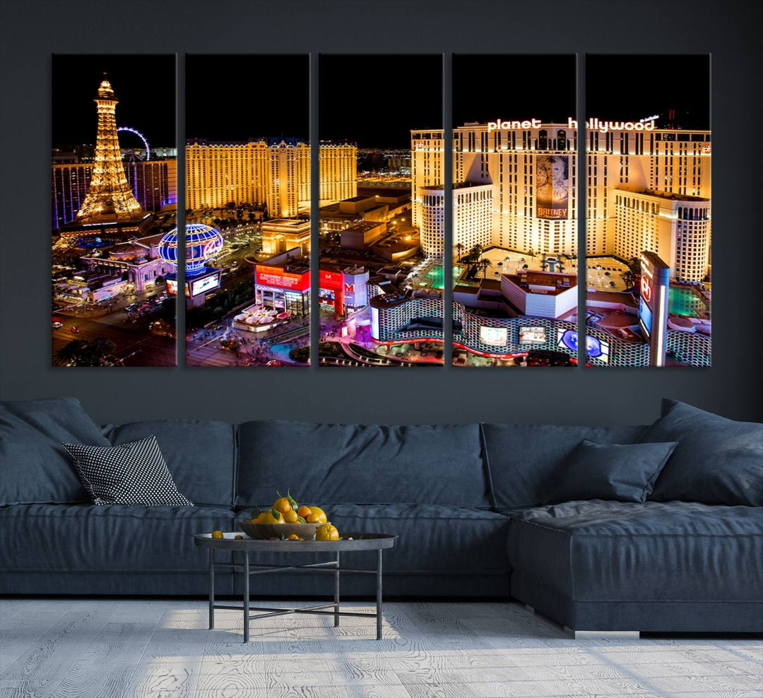 The Las Vegas Wall Art Canvas Print is a triptych set that showcases a stunning night view of Las Vegas. The illuminated buildings and the iconic faux Eiffel Tower add elegance to any space. Each piece comes with a UV-protective coating and is ready to hang, ensuring both style and durability.