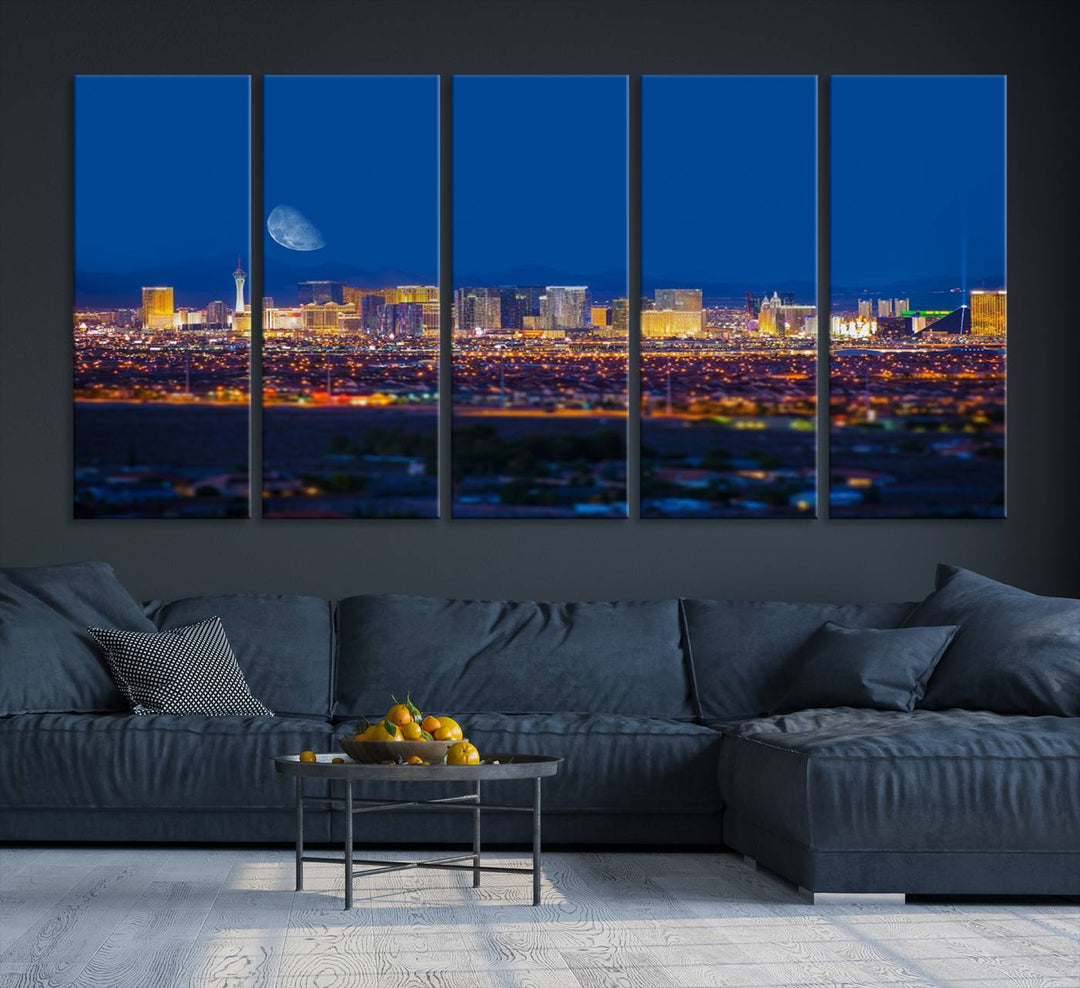 The Las Vegas Wall Art Canvas Print, depicting a city skyline at night, enhances a modern living room with its museum-quality canvas. This triptych comes ready to hang and boasts a UV-protective coating for lasting brilliance.