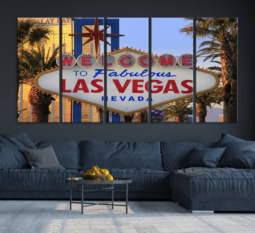 A Las Vegas Wall Art Canvas Print hangs on the wall, showcasing the iconic Welcome to Fabulous Las Vegas, Nevada sign. The museum-quality canvas guarantees vibrant colors with its UV-protective coating and is available with free shipping for added convenience.