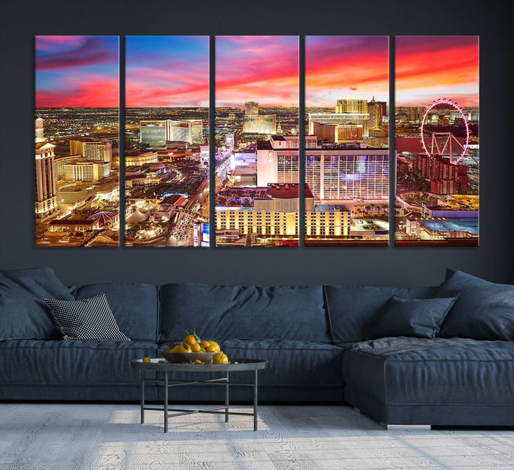 Las Vegas Wall Art Canvas Print depicting a vibrant cityscape at dusk on museum-quality canvas with a UV-protective coating, showcasing a skyline with colorful clouds.