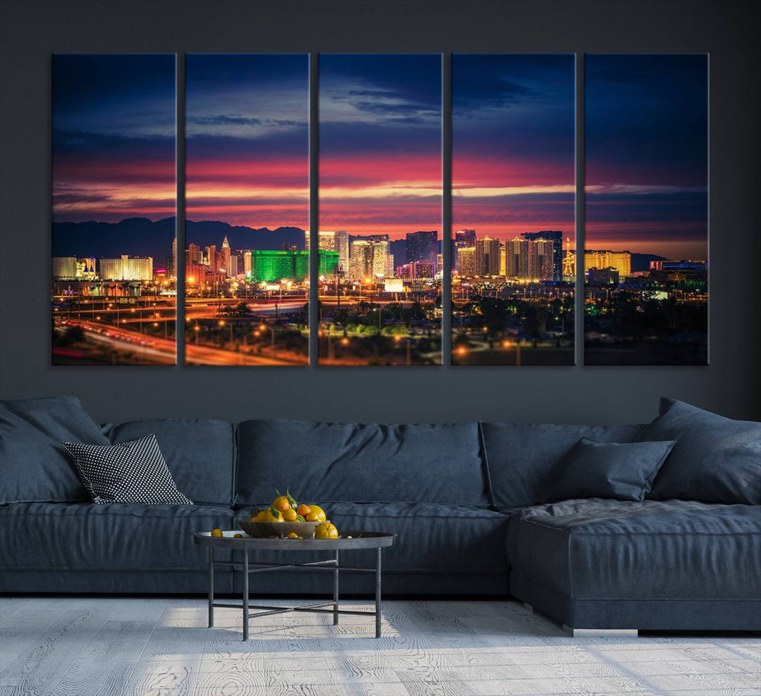 The living room is adorned with the Las Vegas Wall Art Canvas Print, a triptych showcasing a cityscape at sunset. This piece is crafted on museum-quality canvas and protected by a UV-coated finish, highlighting the craftsmanship of a skilled professional.