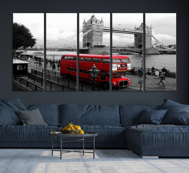 The London Red Bus and Bridge Wall Art Canvas Print showcases a red London bus in front of Tower Bridge, beautifully presented as a gallery-wrapped canvas. This striking image is divided into three panels, delivering a museum-quality display that's ready to hang.