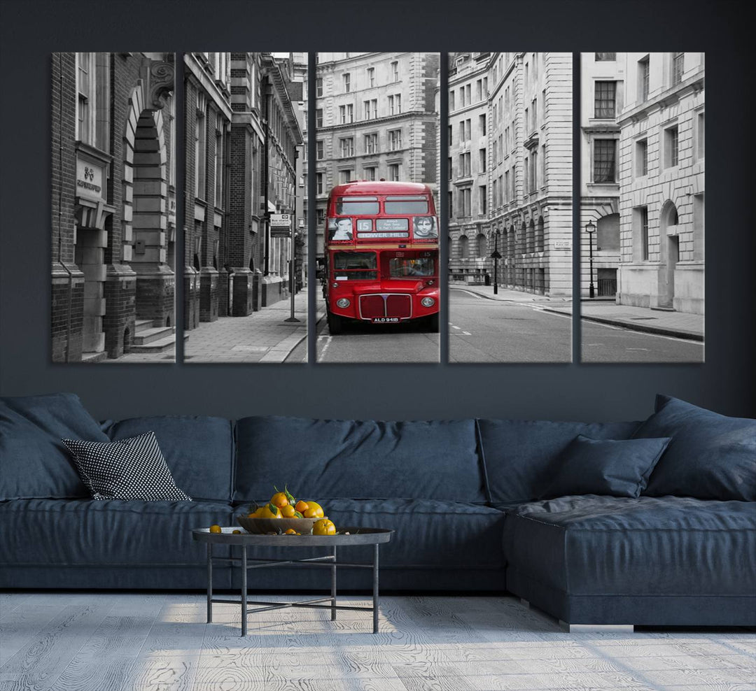 The living room features museum-quality London Red Bus Wall Art, showcasing a split canvas print of a red bus on a black and white city street. This artwork is ready to hang and includes a UV-protective coating to ensure long-lasting vibrance.