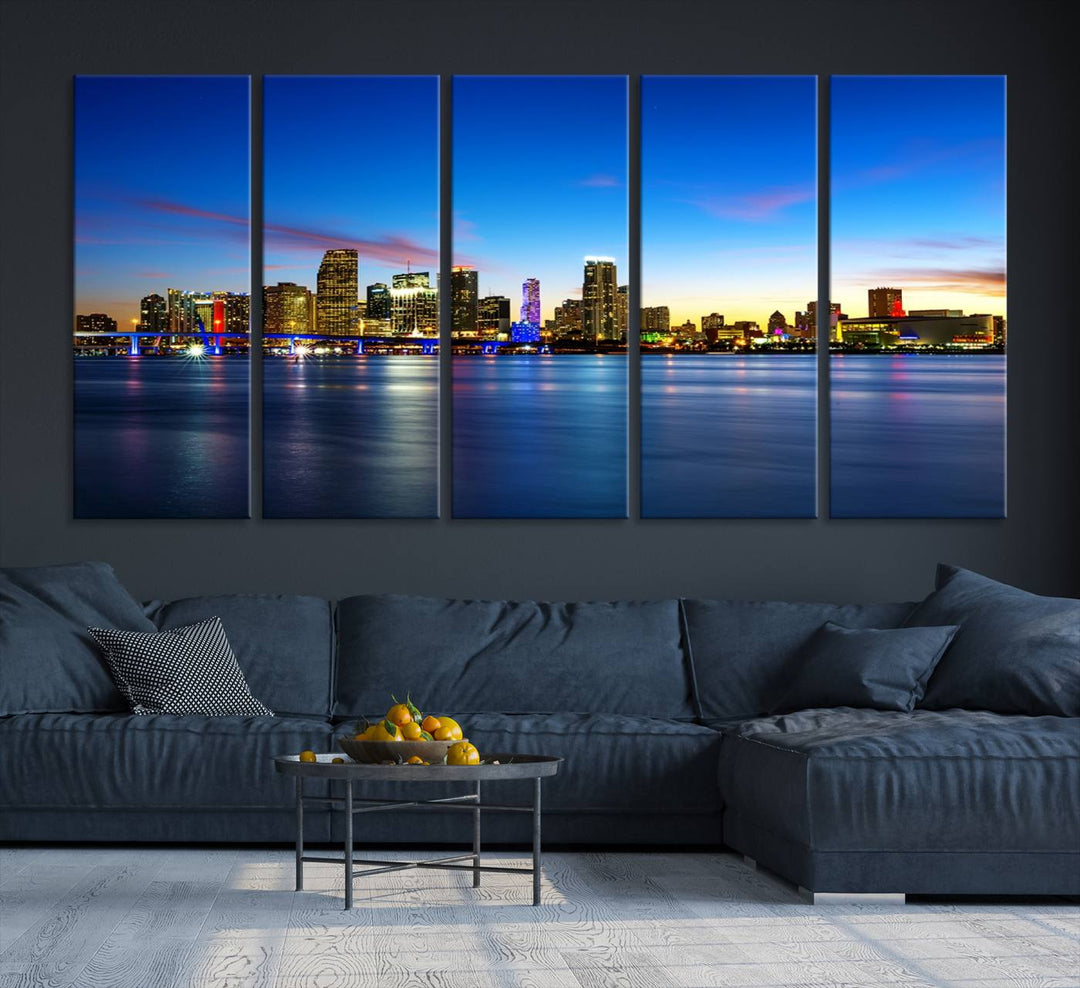 The living room features a Miami City Wall Art Canvas Print—a gallery-wrapped triptych displaying a city skyline at dusk, adding museum-quality elegance to the space.