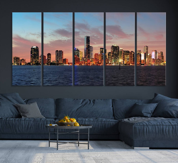 The Wall Art MIAMI Canvas Print emphasizes a vibrant cityscape at sunset. This artwork is presented on museum-quality canvas with gallery-wrapped edges, ensuring it stands out while maintaining its pristine condition for years to come.