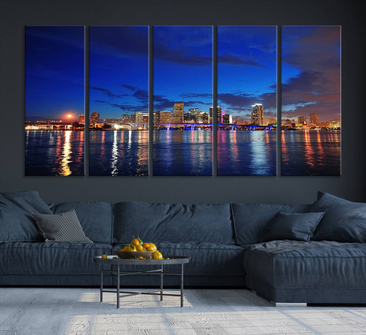 A large Miami City View Wall Art Canvas Print featuring the Miami City Skyline Panorama at night is displayed above the dresser.