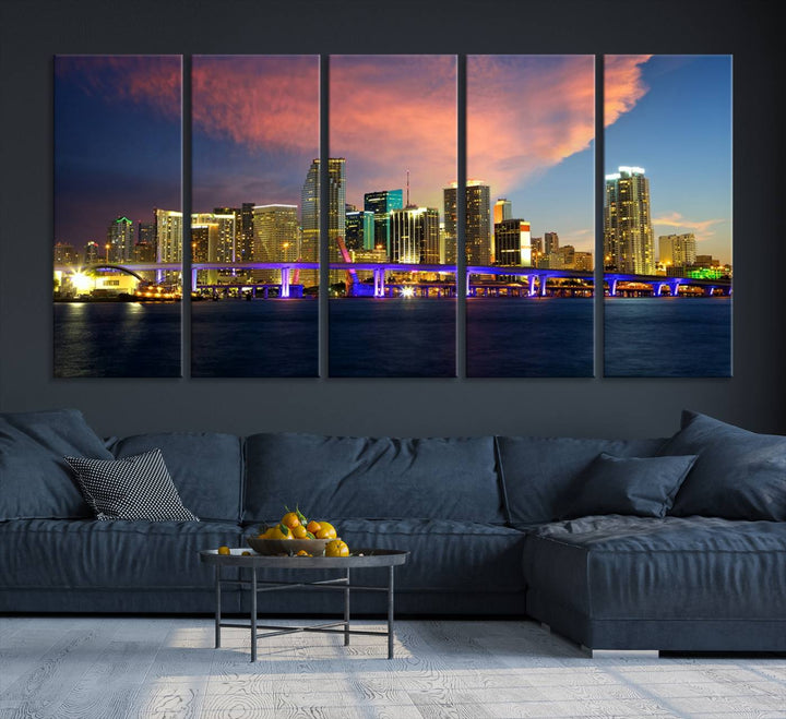 The modern living room is enhanced by the "Miami City Wall Art Canvas Print," a stunning triptych portraying a city skyline at sunset. These canvases are gallery wrapped and made from museum-quality materials, featuring a UV-protective coating to ensure lasting vibrancy.