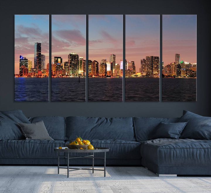 The living room features a gallery-wrapped triptych of the Miami City Wall Art Canvas Print above the sofa.