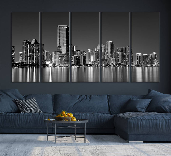 The Miami City Wall Art Canvas Print, a stunning triptych of the Miami skyline, elegantly hangs in this modern living room.