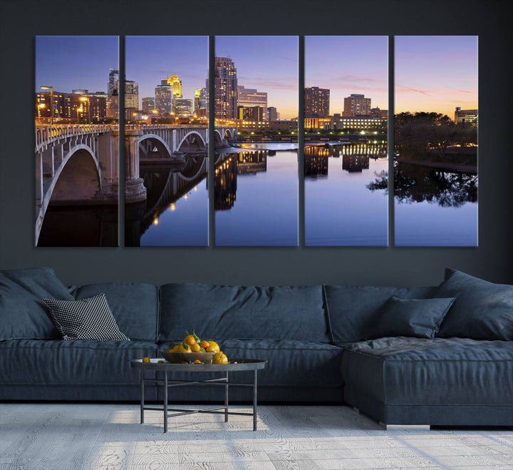 Display the Minneapolis Wall Art Canvas Print, featuring the Minnesota cityscape at dusk, on gallery-wrapped, museum-quality canvas.