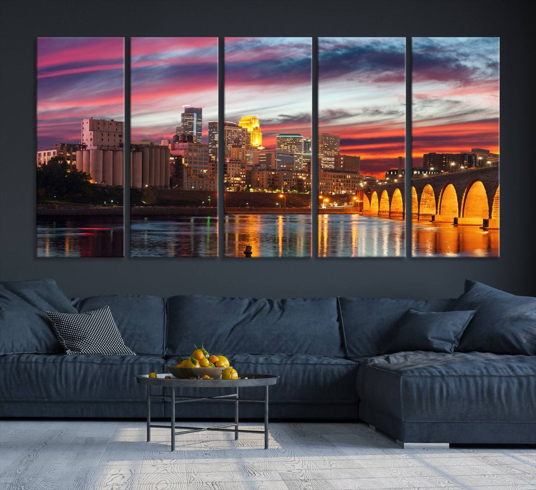 The "Minneapolis Wall Art Canvas Print, Minnesota City Wall Art Print, Minnesota Cityscapes Wall Art" features a city skyline at sunset in museum-quality canvas prints. Transform your living space into a gallery with this stunning piece and enjoy free shipping.