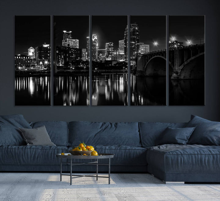 The "Minneapolis Wall Art Canvas Print, Minnesota City Wall Art Print, Minnesota Cityscapes Wall Art" features a black and white triptych of a city skyline with a bridge. Crafted on museum-quality canvas, this gallery-wrapped artwork is finished with a UV-protective coating to ensure lasting beauty.