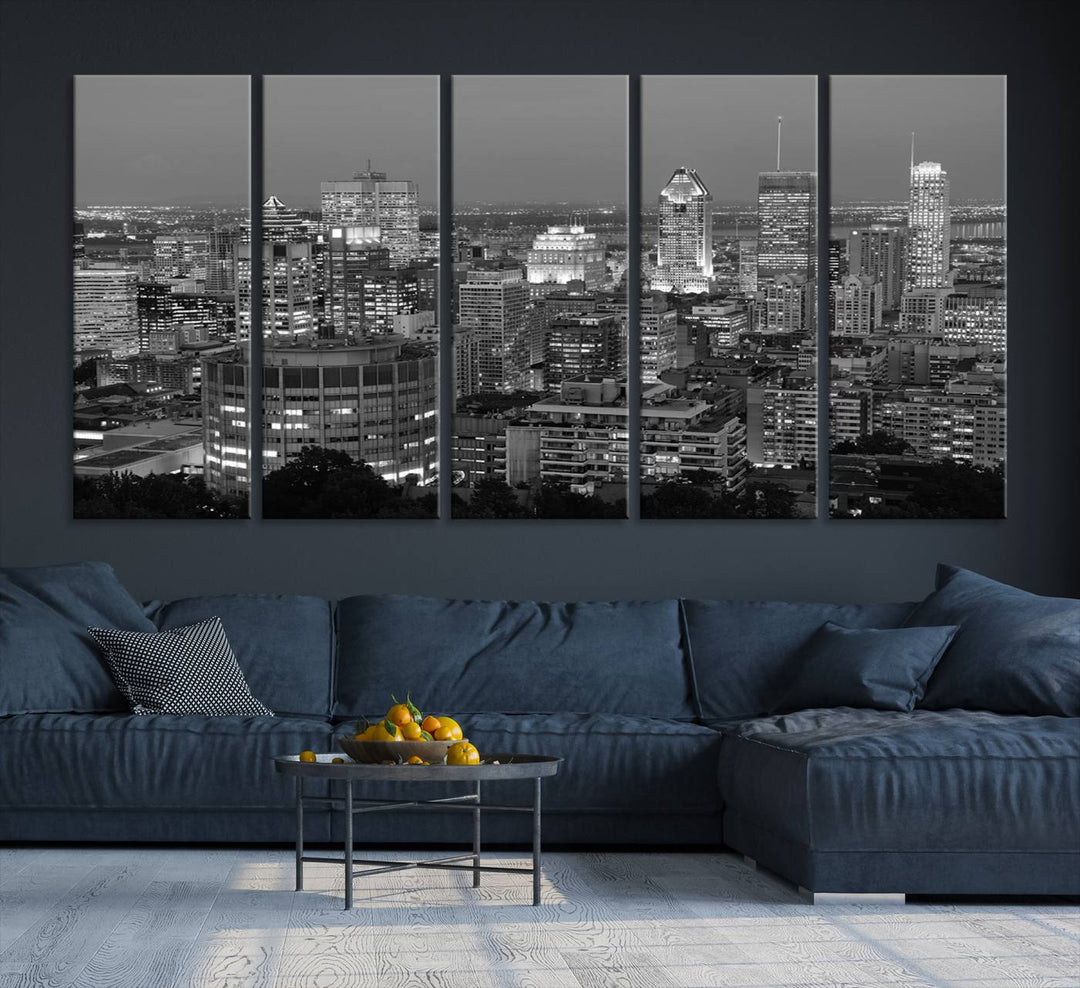 The gallery-wrapped, museum-quality canvas print features the Montreal Canada City Wall Art, showcasing a cityscape at night in black and white.