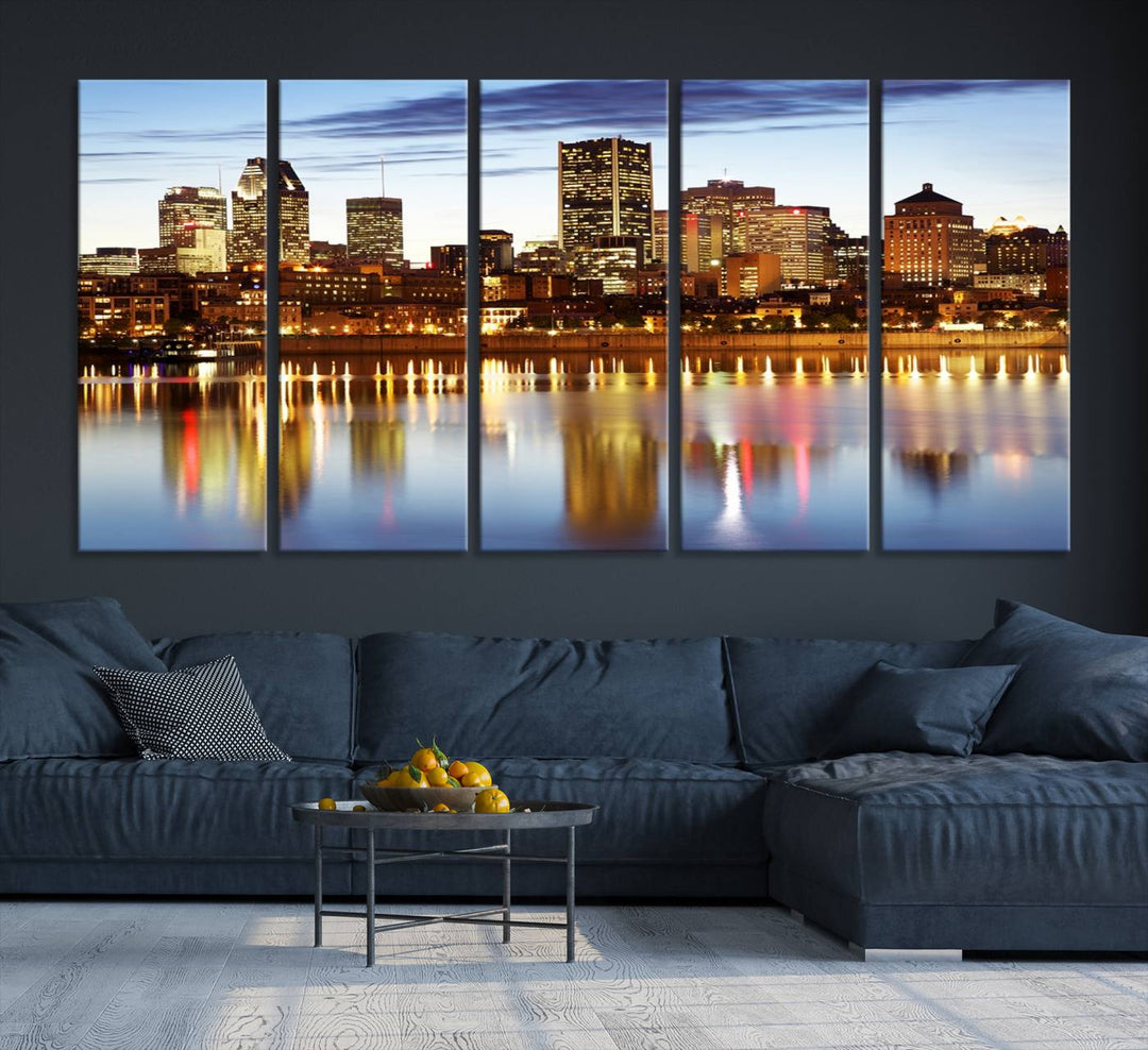 A Montreal Canada City Wall Art Canvas Print, depicting the cityscape at dusk and reflecting in calm waters, is crafted with museum-quality canvases and a UV-protective coating. This remarkable piece guarantees vibrant colors that remain stunning and ready to hang for years to come.