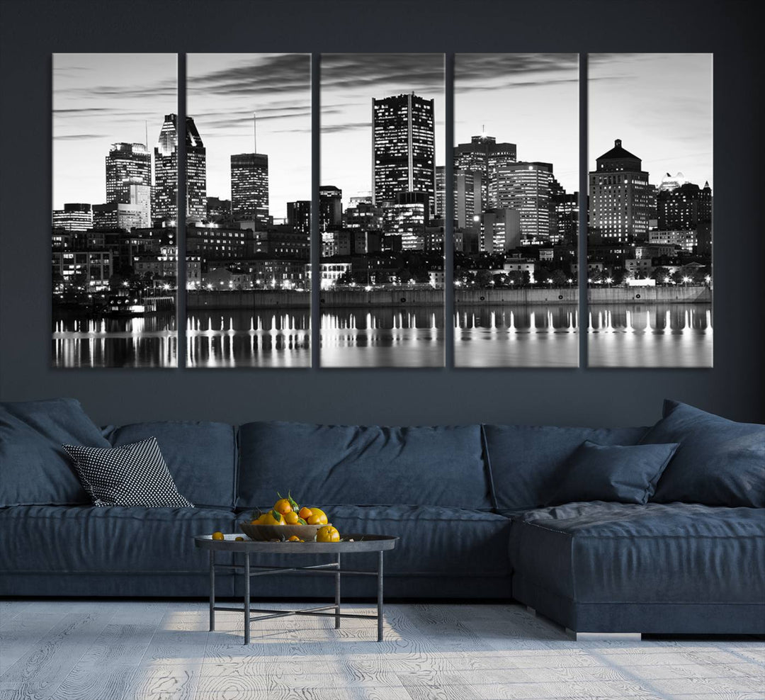 The contemporary living room features the Montreal Canada City Wall Art Canvas Print, an elegantly gallery-wrapped triptych on museum-quality canvas, prominently hung above.