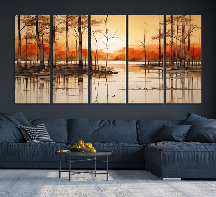 An Abstract Watercolor Trees and Sunset on Lake Wall Art Canvas Print, created on museum-quality canvas.