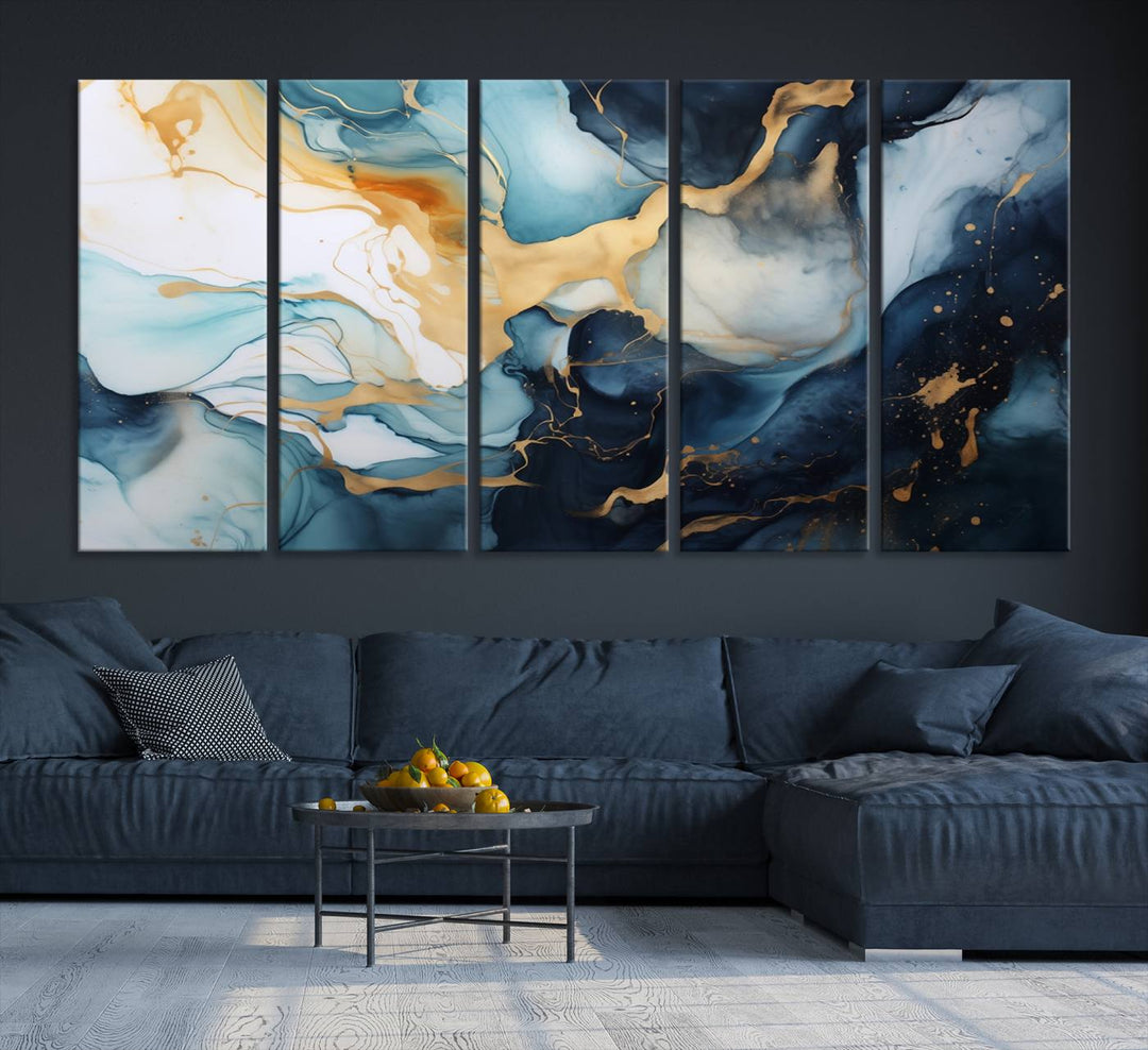 The living room is enhanced by the Marble Fluid Abstract Wall Art Canvas Print, which adds a touch of sophistication.