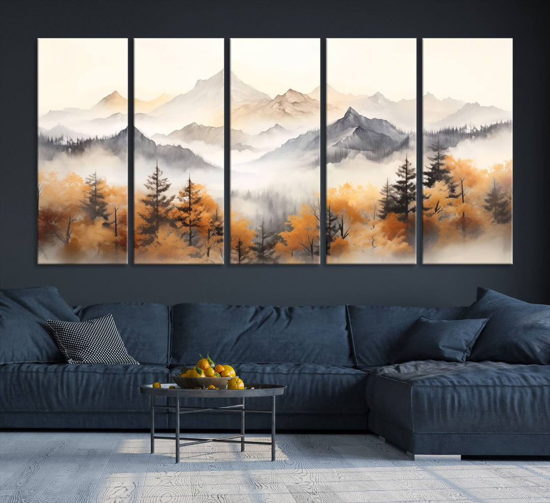 Art mural abstrait aquarelle montagnes et arbres automne