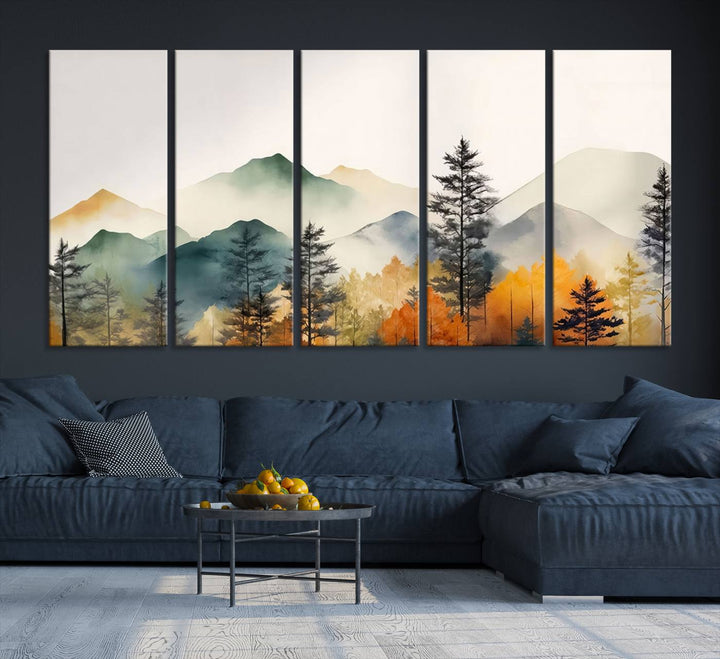 The Abstract Watercolor Mountains and Trees Autumn Wall Art, crafted on museum-quality canvas, decorates the space with its stunning triptych design. This wall art features autumn-colored mountains and trees, expertly gallery wrapped for a seamless and elegant addition to your living room.