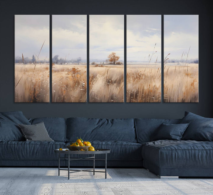 The modern living room features the Golden Fields Canvas Wall Art Print – Serene Landscape of Nature’s Tranquility in Minimalist for Farmhouse Decor, showcasing serene golden fields that enhance the calming ambiance.