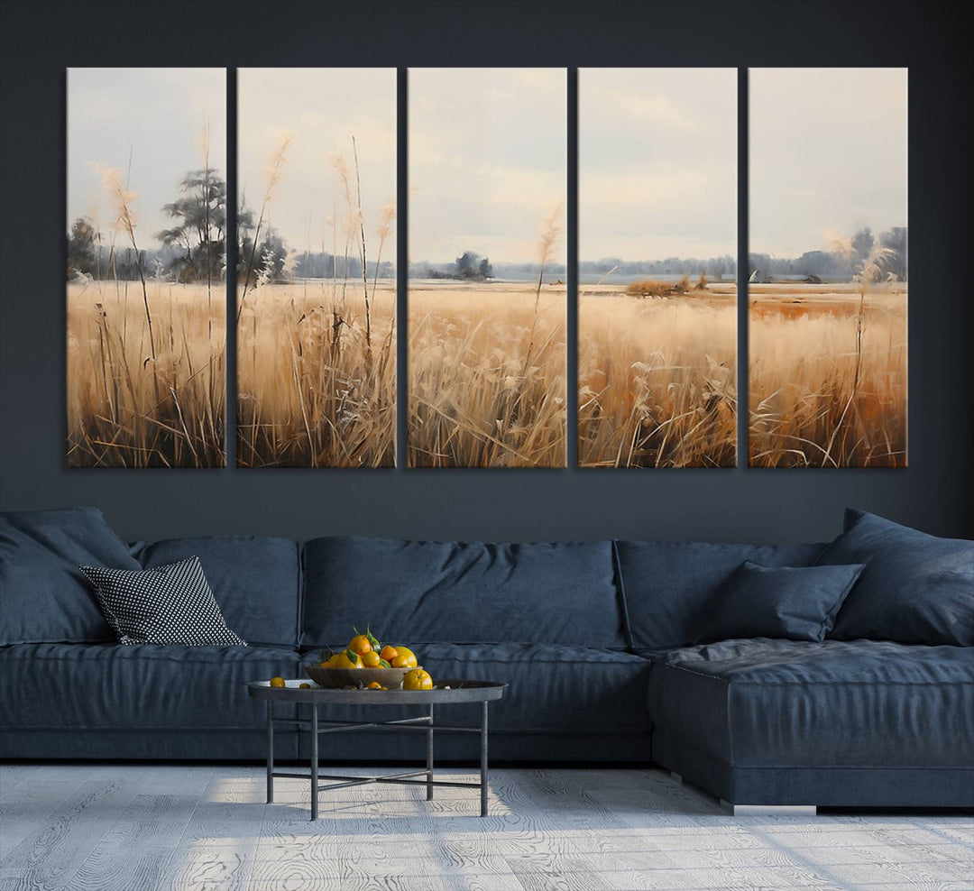 A Wildflower Field Landscape Oil Painting, showcasing a vintage art print of a serene field with tall grasses and distant trees, is beautifully presented on museum-quality canvases with gallery-wrapped edges.