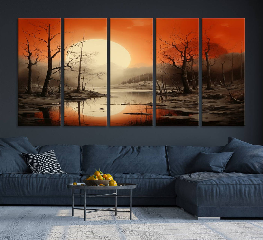 The "Abstract Watercolor Trees and Sunset on Lake Wall Art" is a triptych masterpiece, showcasing an orange-hued landscape of barren trees and a large sun. Displayed on museum-quality canvases with UV-protective coating, it creates a striking visual element in any space.