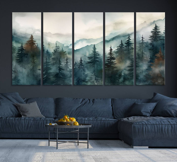 A set of Serenity Forest Wall Art Canvas prints, showcasing foggy mountain landscapes, is displayed in the living room.