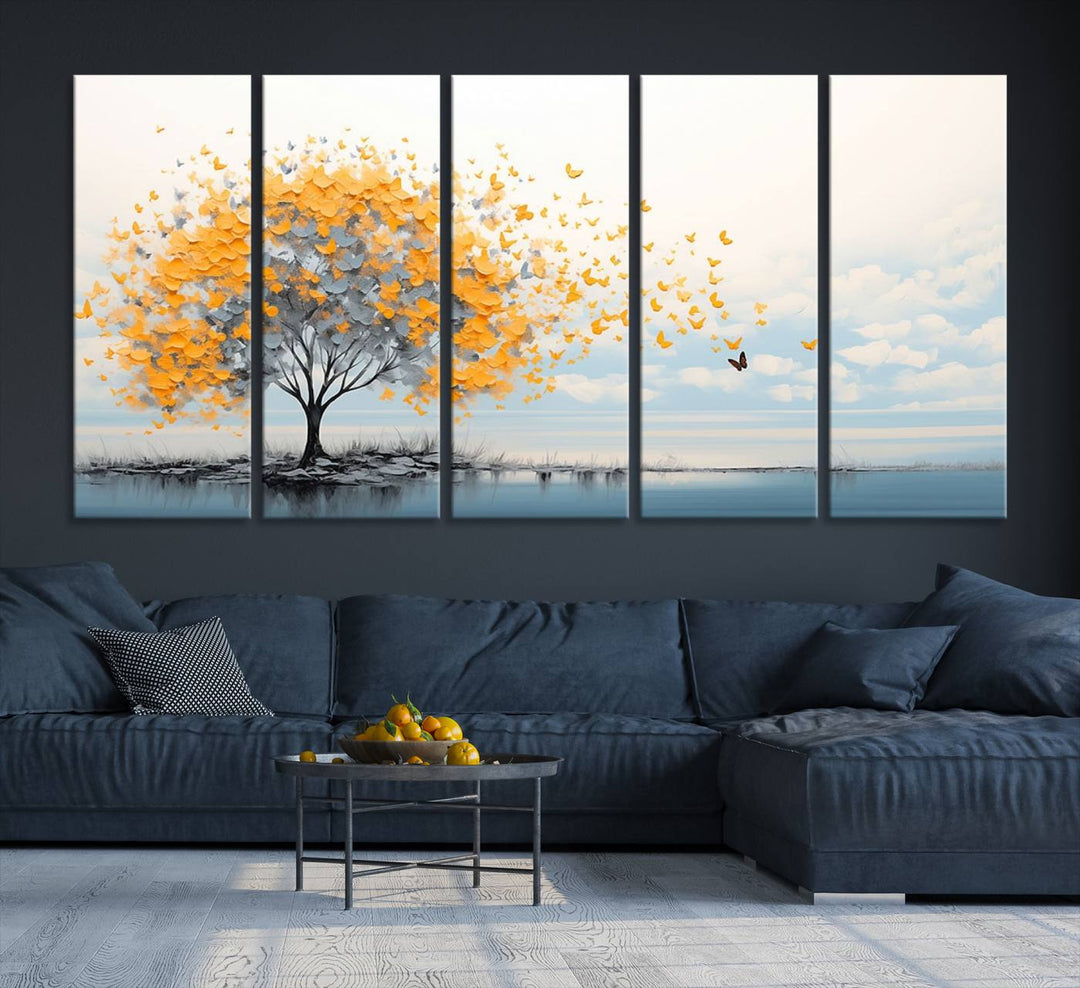 A Butterfly Tree Wall Art Canvas, featuring a modern tree adorned with yellow butterflies, decorates the wall.