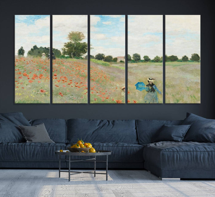 The Claude Monet The Poppy Field Canvas Print features a scene of a serene meadow with blooming flowers and a woman and child. It is printed on museum-quality canvas with UV-protective coating.