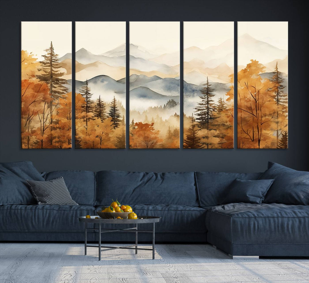 Abstract Mountain Mist Canvas Wall Art – Tranquil Autumn Forest and Misty Peaks - Ready to Hang