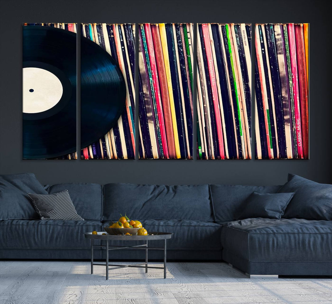 The room showcases the "Vinyl Record and Album Collection Canvas Wall Art," a perfect retro music decor piece for vintage vinyl lovers.