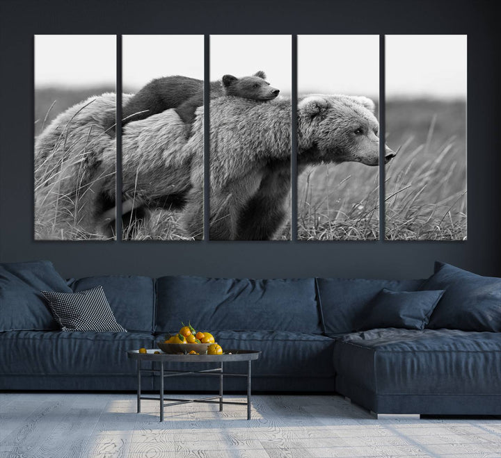 Baby Bear and Mom Bear Family Black & White Canvas Print Wall Art Canvas