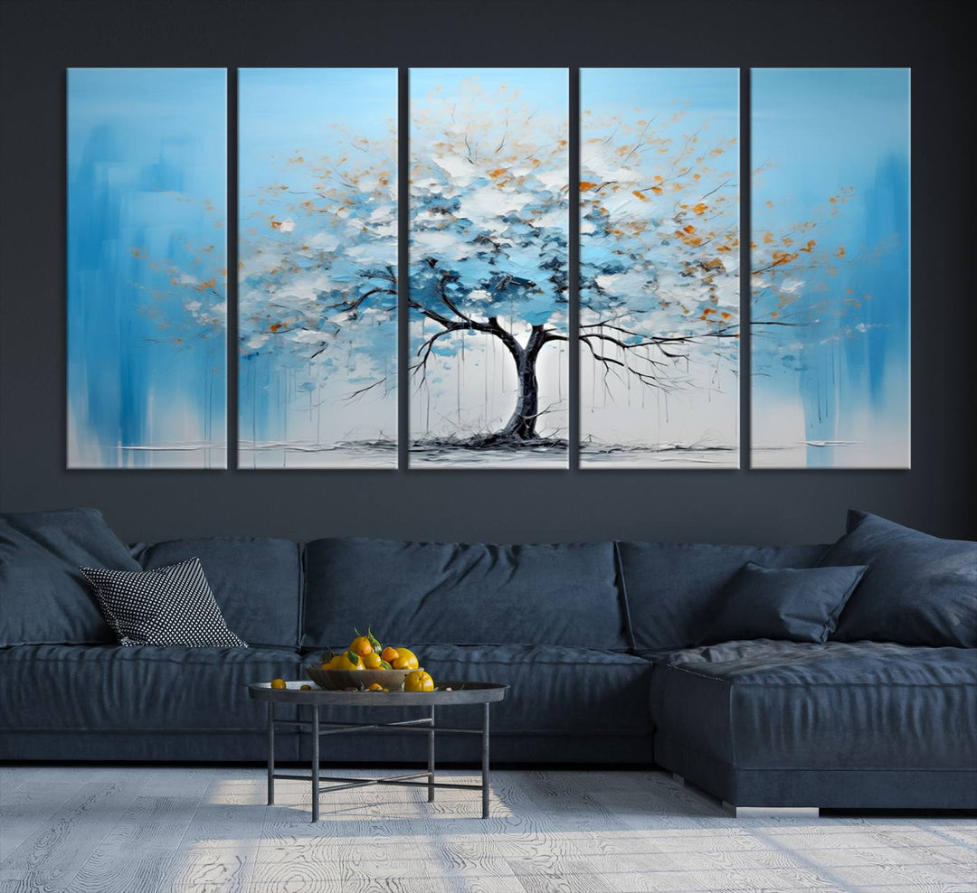 Modern living room featuring the Large Blue Abstract Tree Wall Art Canvas Printing. Enjoy the elegance with free shipping.