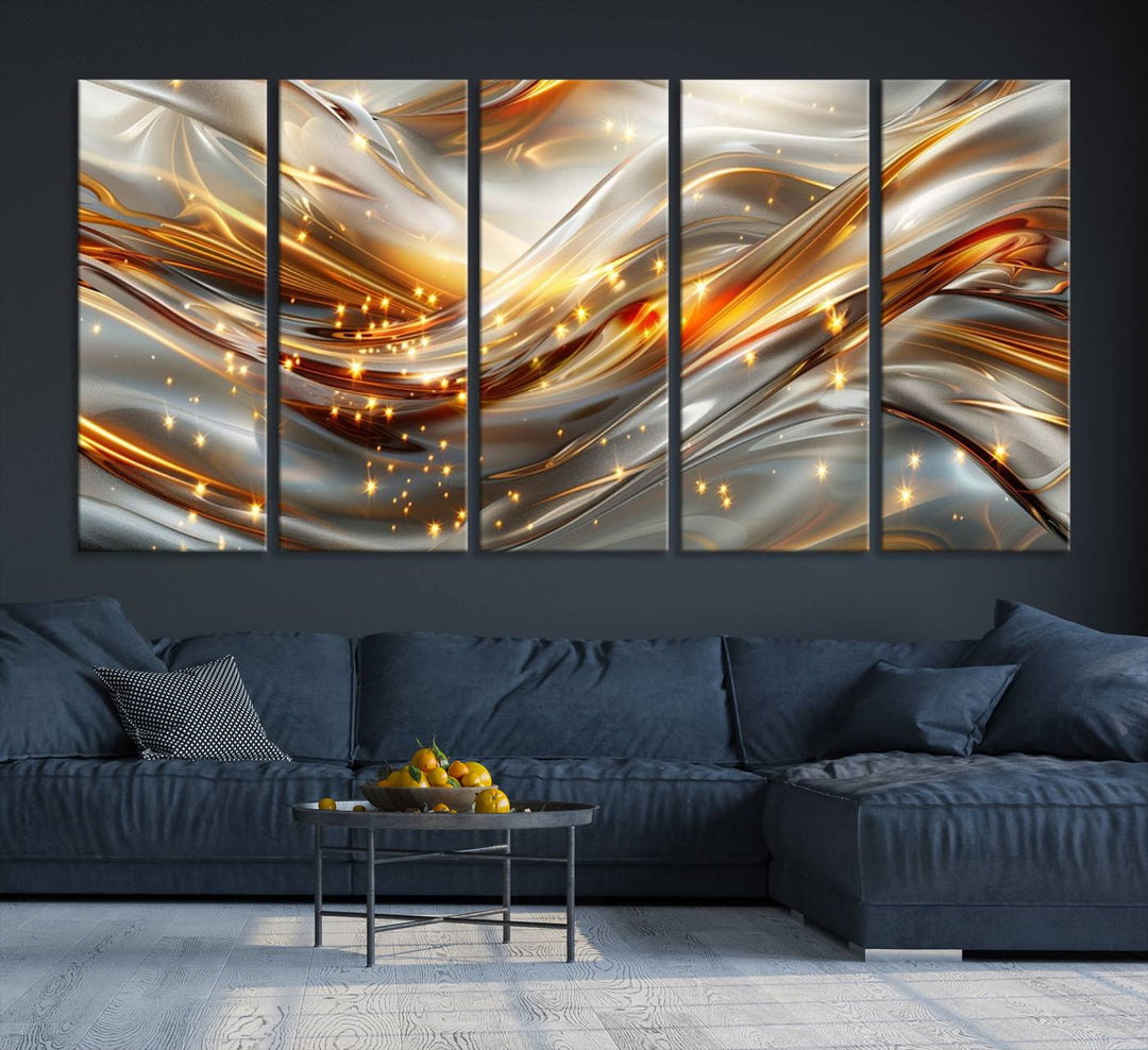 The Elegant Modern Gold Abstract Wall Art - Premium Framed Canvas Print for Home & Office Decor showcases a captivating triptych with swirling metallic designs and golden sparkles, perfectly enhancing contemporary interiors.