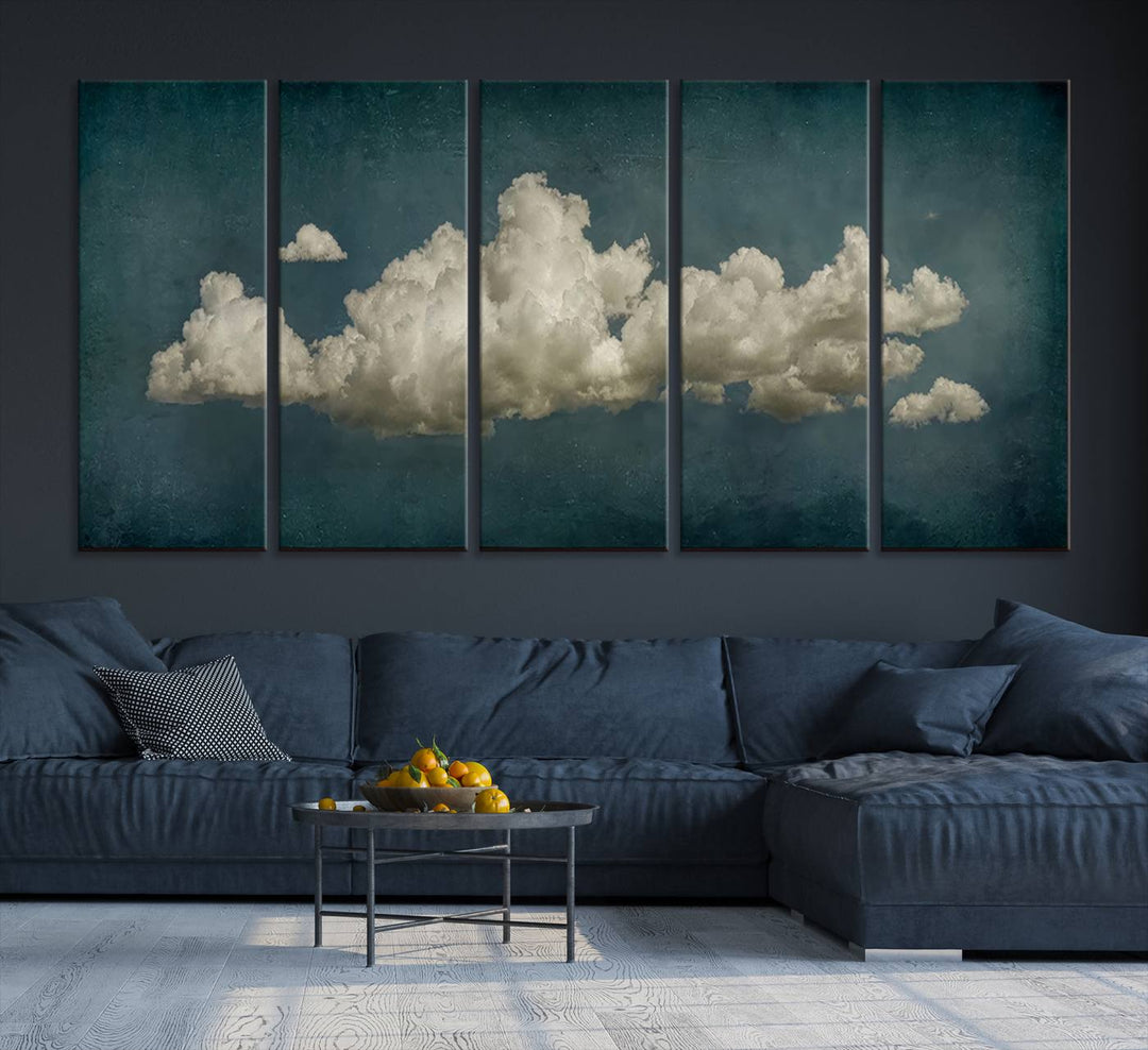 The Vintage Green Clouds Wall Art Canvas Print, set against a teal backdrop, showcases breathtaking canvas artwork with a gallery-quality finish.