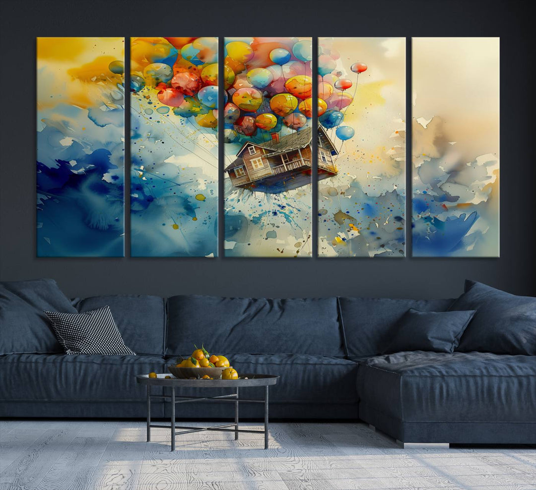 The Cartoon Movie Wall Art Canvas Print, featuring a vibrant house lifted by balloons and split across three panels, serves as captivating wall art. Handmade in the USA, it adds charm and whimsy to any space.