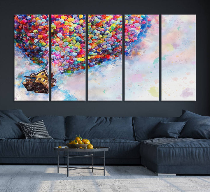 The "Watercolor Cartoon Movie Balloons Canvas Print" is showcased, depicting a whimsical house being lifted by colorful balloons. This triptych wall art is crafted on museum-quality canvases with a UV-protective coating to maintain its vibrant colors, making it ready to hang in any room.