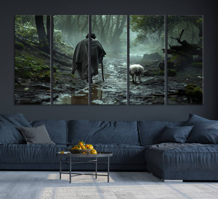 The "Forest Jesus Shepherd Canvas Wall Art" features a person with a cane, clothed in a cloak, walking beside a sheep through a misty forest. This piece captures tranquility and is ideal for adding serenity to your living room, office, or bedroom decor.