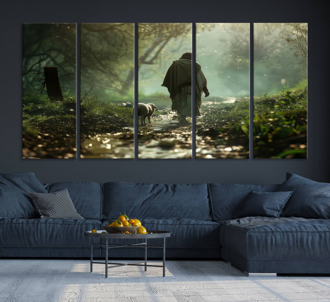 The wall art piece, titled "Jesus Shepherd a Lost Lamb Canvas Wall Art Print," is suspended on the wall and depicts a robed figure and a lamb wandering along a forest path.