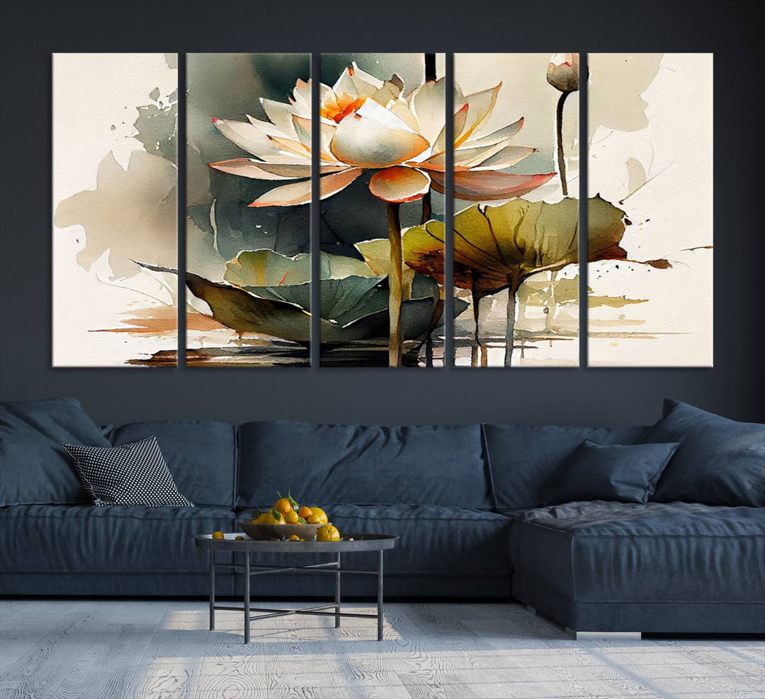 The Lotus Flower Watercolor Canvas Print, a contemporary wall art piece symbolizing serenity and growth with its soft watercolors, adorns the wall.