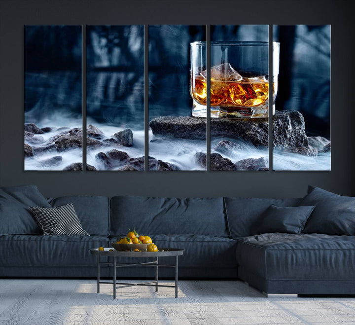 The Whiskey Ice Wall Art Canvas Print, a triptych featuring a glass of whiskey on the rocks, is crafted with a gallery-quality finish on premium canvas.