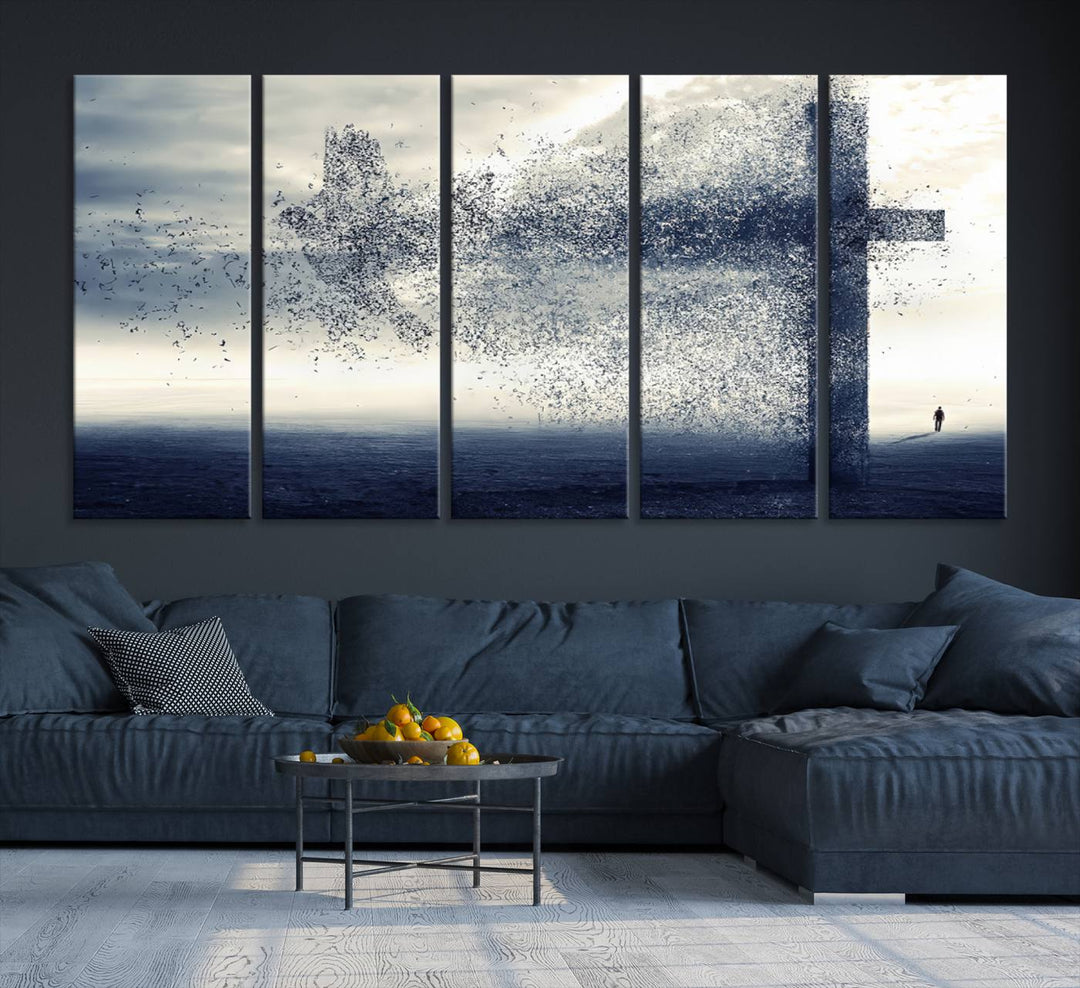 The "Jesus and the Fading Cross – Symbol of Faith" framed canvas print beautifully depicts a cross formed by birds against a moody sky above an ocean. This piece of Christian wall art infuses spirituality into the minimalist space.