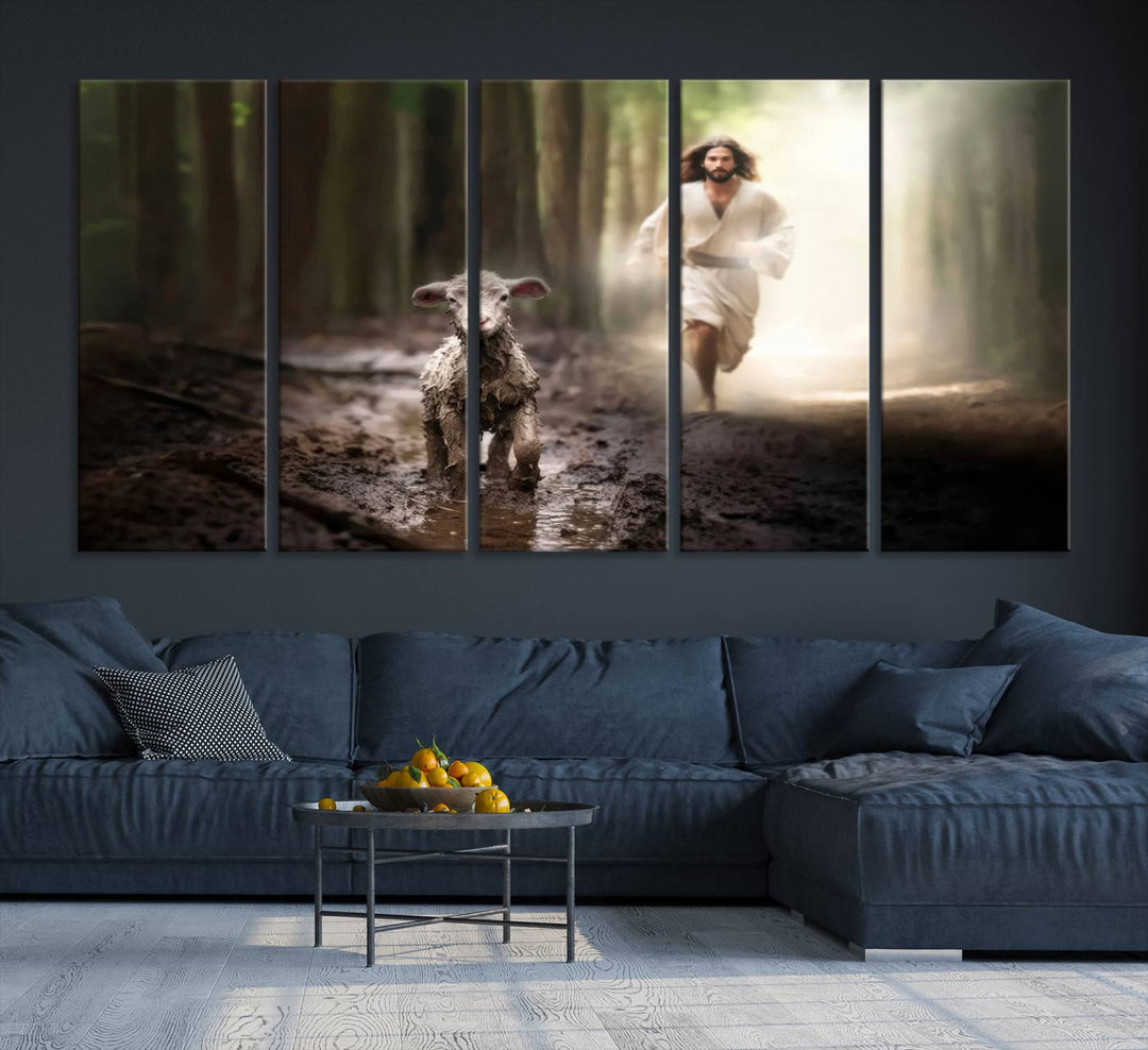 Discover the "Jesus Canvas Wall Art: Jesus Running After Lost Lamb," an exquisite triptych canvas piece that beautifully depicts Jesus in pursuit of a lost lamb within a forest setting. This artwork features a gallery-quality finish and is handmade in the USA, adding both charm and craftsmanship to your space. Perfect for Christian home decor enthusiasts.