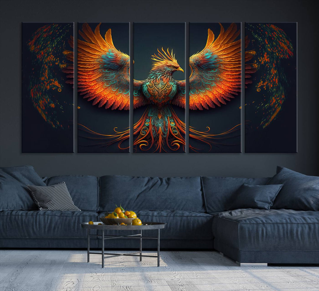 The Majestic Phoenix Wall Art Canvas Set, a fiery symbol of rebirth and strength, graces the wall.