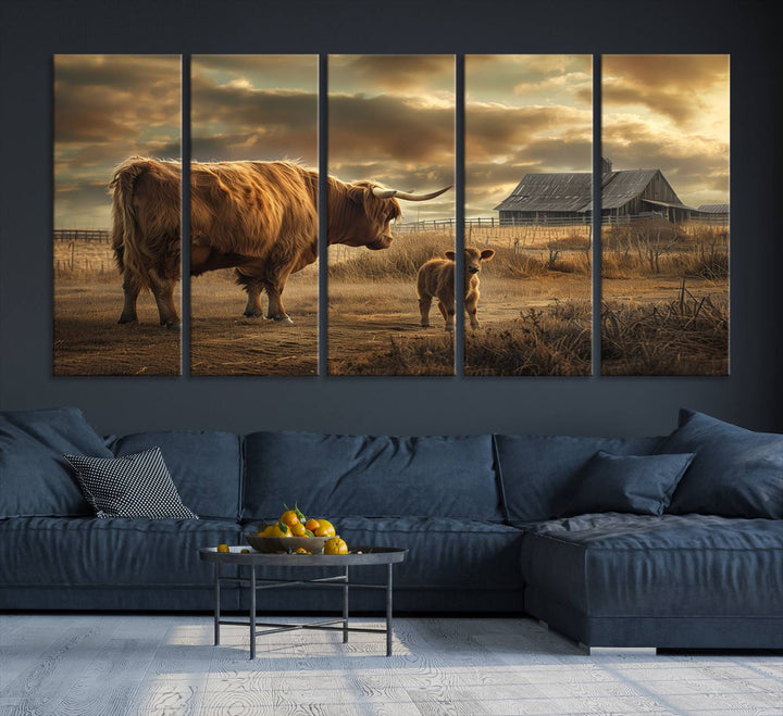 The living room features the "Highland Cow Canvas Wall Art Animal Print Pictures Fluffy Cattle Art," which captures a cow and calf in a rural sunset scene, adding gallery-quality charm.