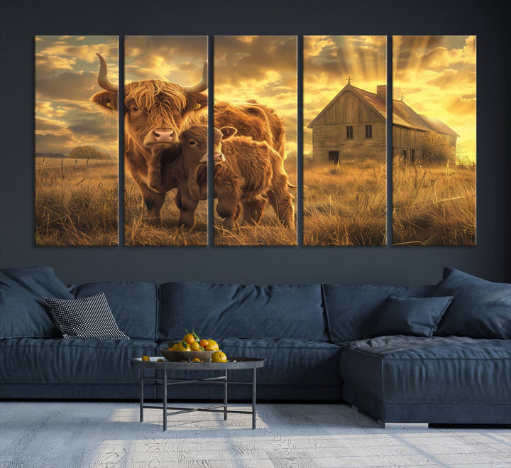 The room features the Barn and Highland Cow Canvas Wall Art Animal Print, a three-panel canvas depicting cows in a sunset field with a rustic barn backdrop. This handmade piece brings charm and character with its gallery-quality finish.