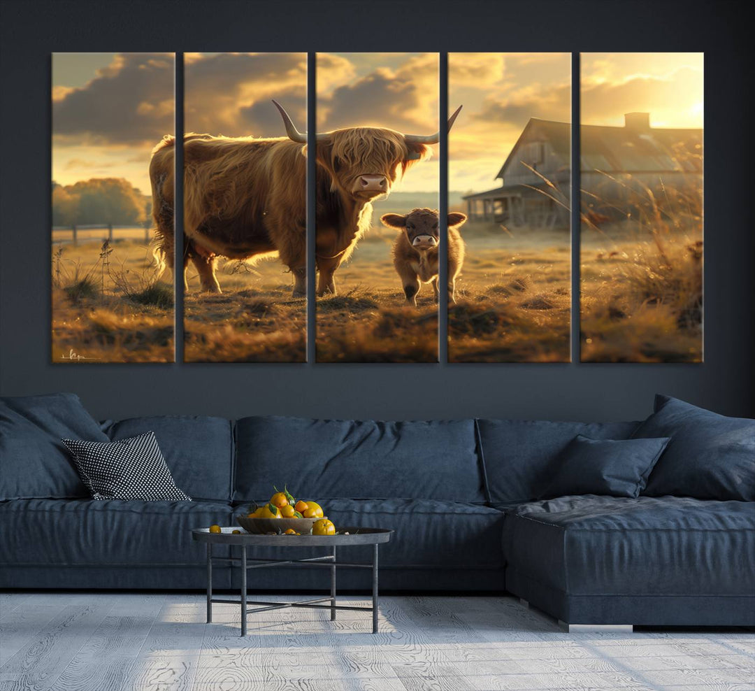 The "Highland Baby Cow Canvas Wall Art Animal Print" triptych art piece showcases a cow and calf in a sunlit field with a barn in the background.