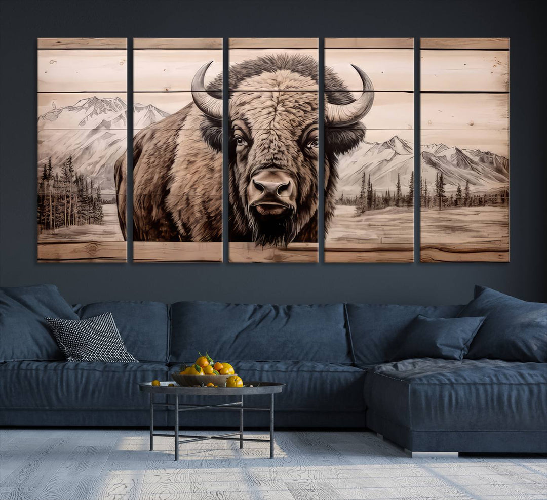 A stunning triptych artwork from the "Bison Canvas Wall Art American Buffalo Print Rustic Decor for Farmhouse Wall Art" collection graces the modern living room. Its vibrant colors are enhanced by museum-quality canvas and a UV-protective coating. The gallery-wrapped piece adds elegance to the space.