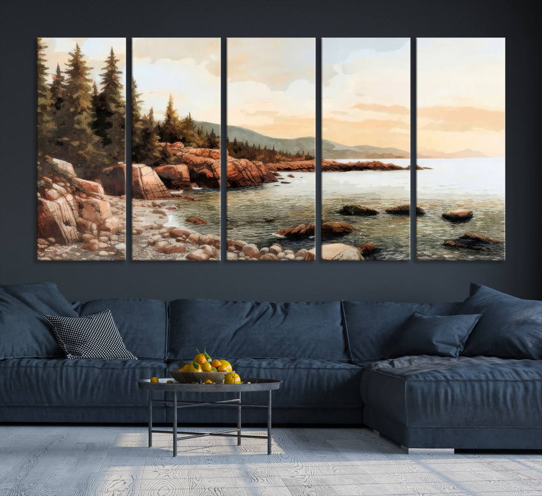 Serene Coastal View of Acadia National Park - Stunning 3-Panel Wall Art Canvas Print, Framed, Ready to Hang