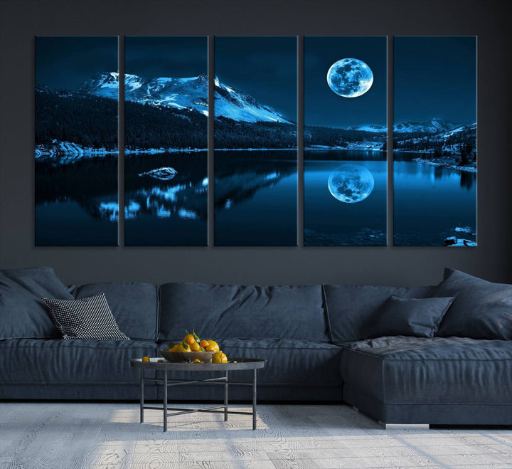 Blue Moon Mountain Lake Landscape Framed Wall Art Canvas Print